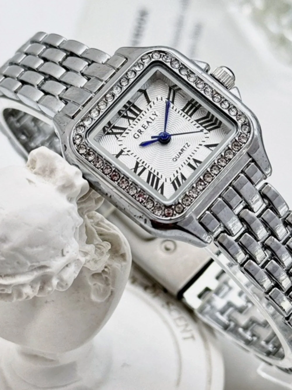 Silver classic square diamond watch adjustable